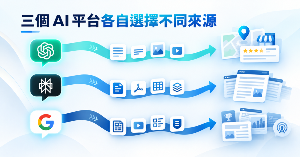 ChatGPT、Perplexity、Google AI Overview 三個平台引用來源比較，香港與海外分別