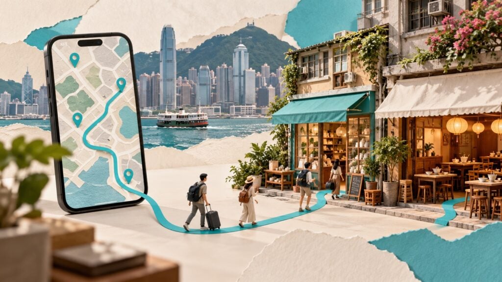 旅客沿手機搜尋路線走向香港餐廳與特色小店的概念圖