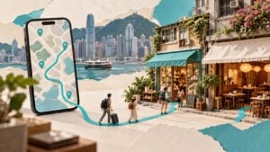 旅客沿手機搜尋路線走向香港餐廳與特色小店的概念圖