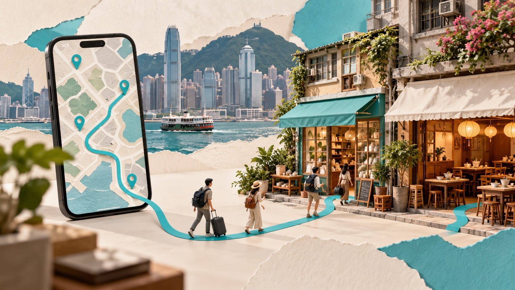 旅客沿手機搜尋路線走向香港餐廳與特色小店的概念圖