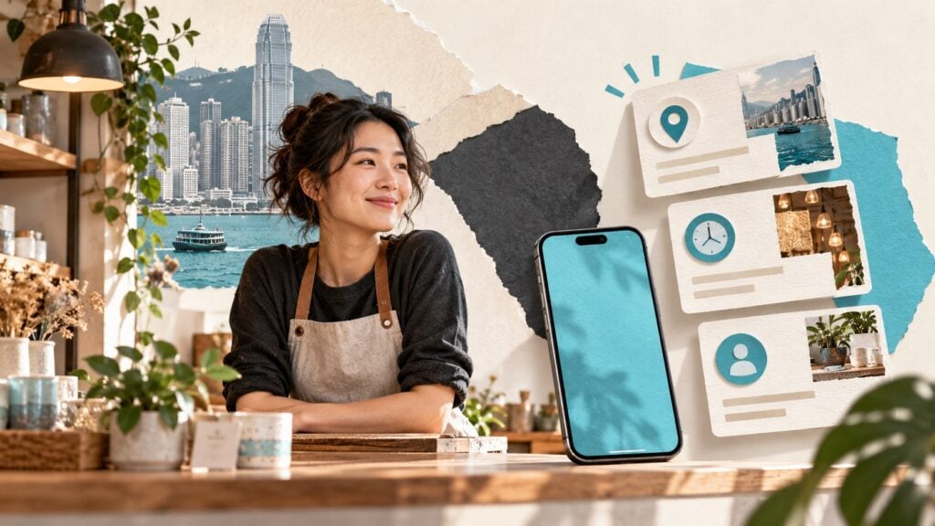 香港小店店主與手機商家資料卡的概念配圖