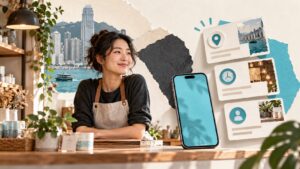 香港小店店主與手機商家資料卡的概念配圖